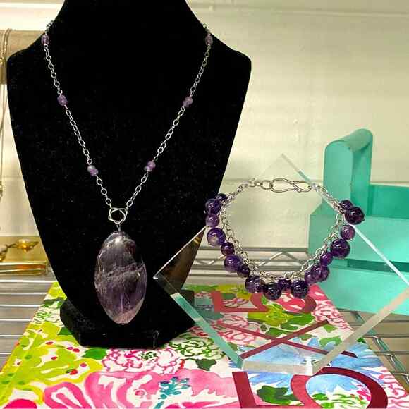 Demiparure Signed NF Sterling Silver Natural Raw Amethyst Necklace & Bracelet
